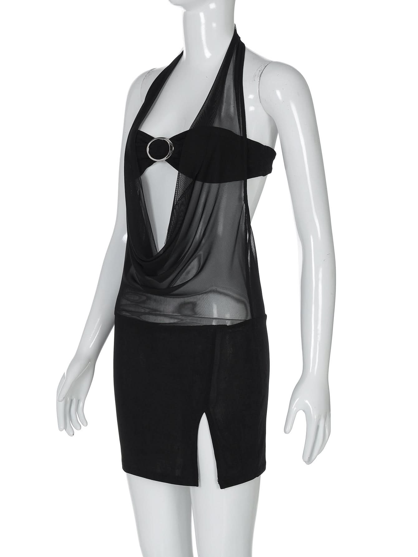 Halter mesh patchwork slit mini dress