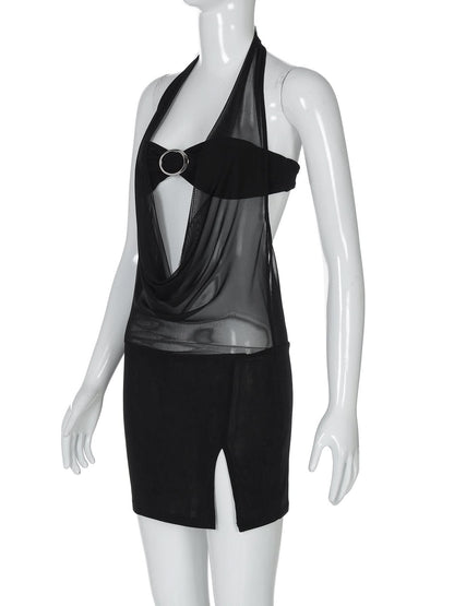 Halter mesh patchwork slit mini dress