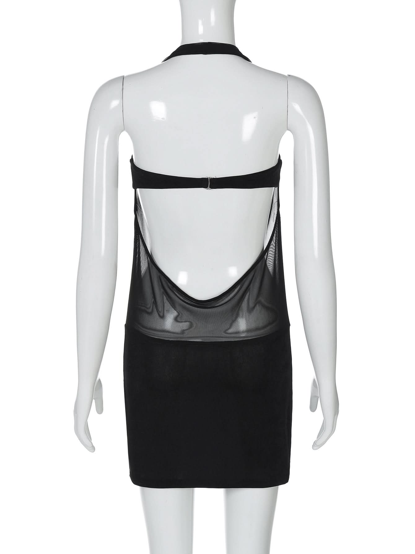 Halter mesh patchwork slit mini dress