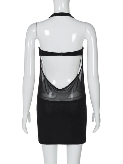 Halter mesh patchwork slit mini dress