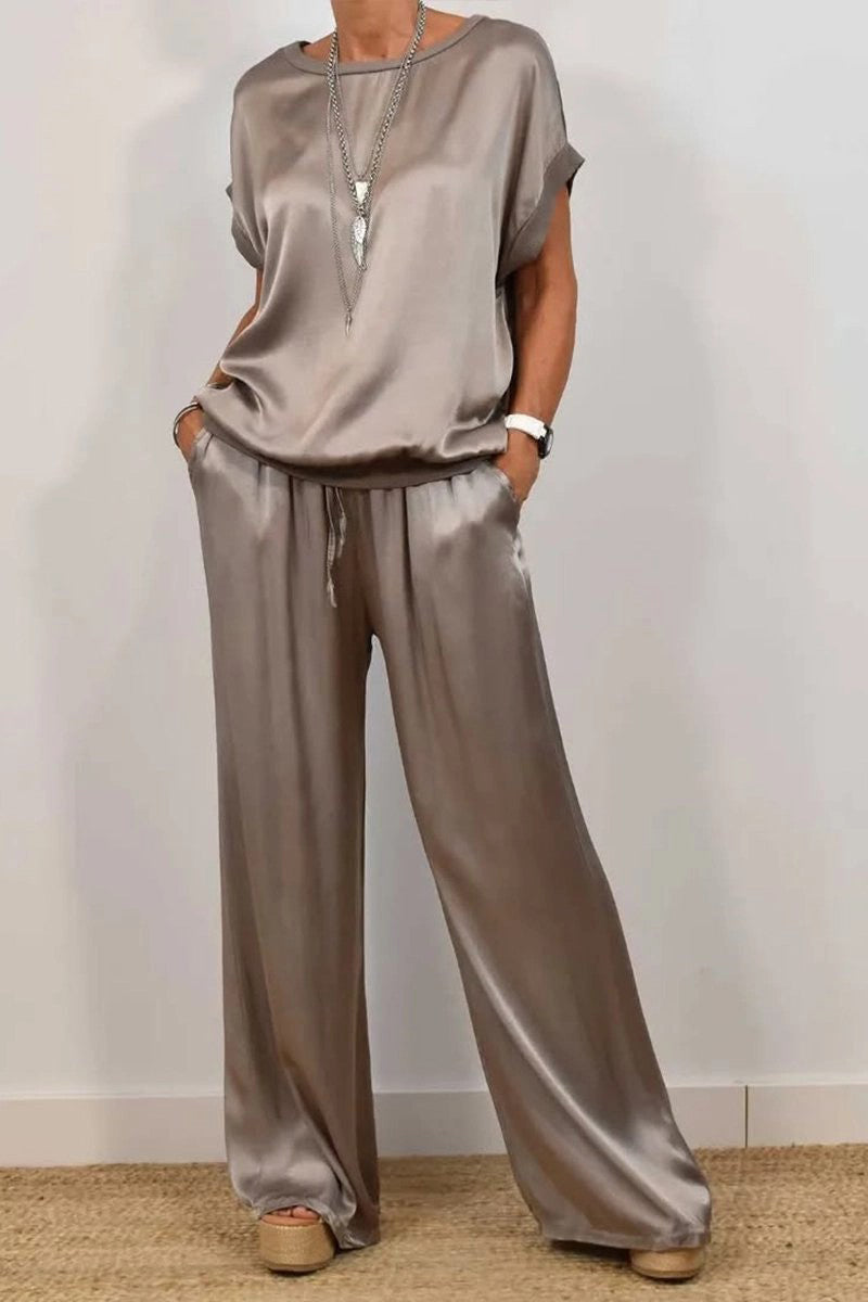 Casual Draw String Pocket O Neck Short Sleeve Two Pieces(4 Colors)