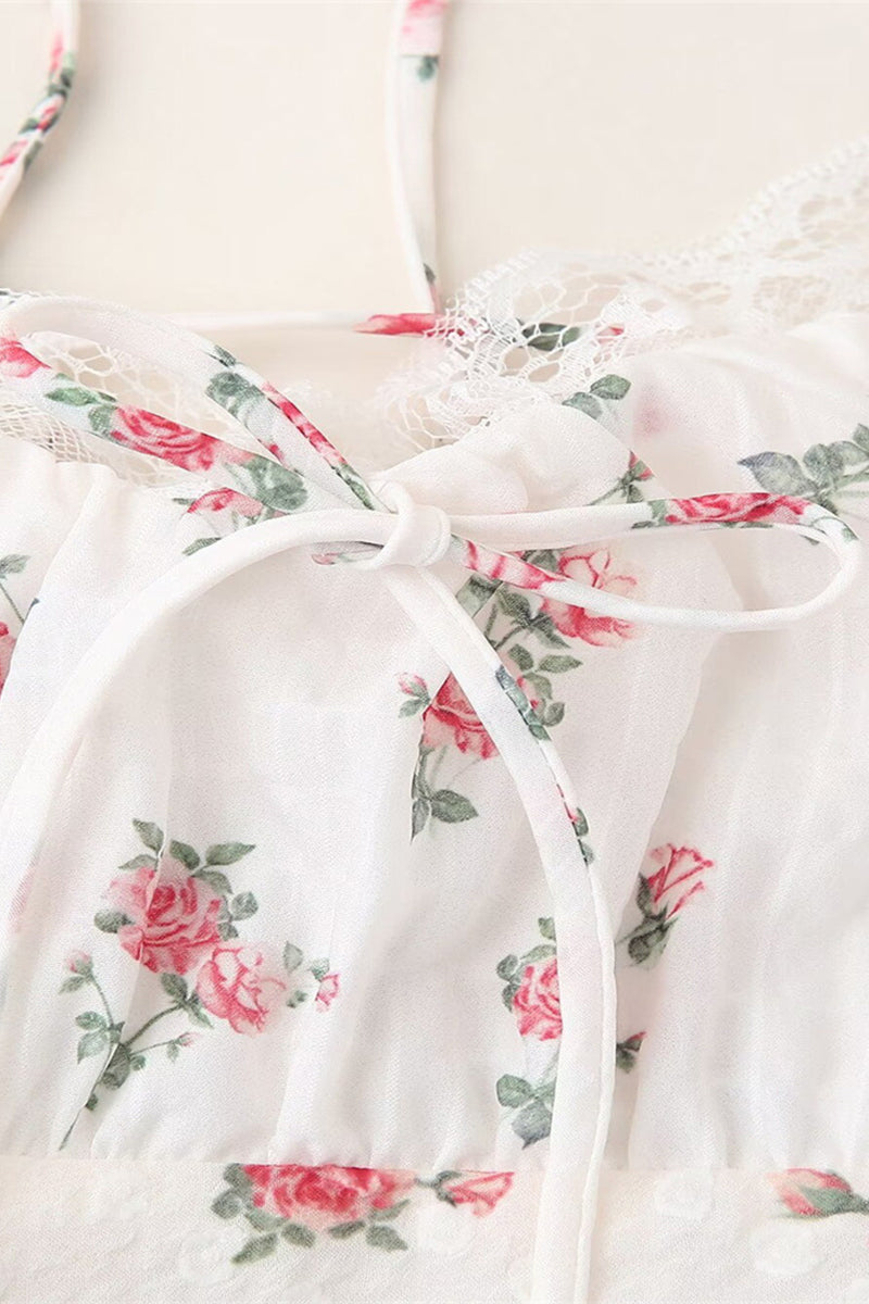 Elegant Floral Print Lace Draw String Backless Contrast Halter Long Dresses