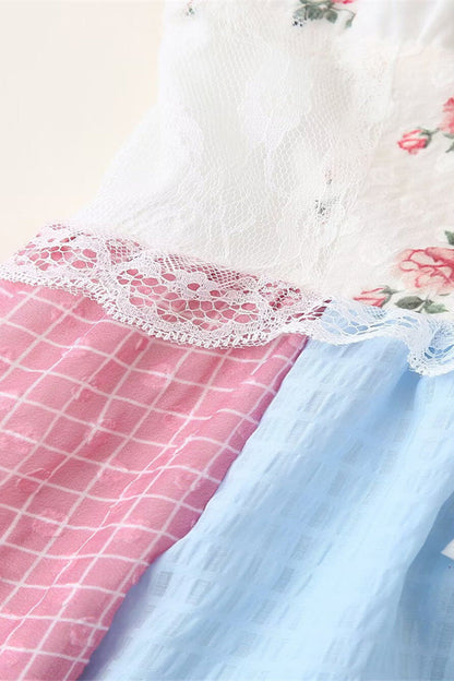 Elegant Floral Print Lace Draw String Backless Contrast Halter Long Dresses