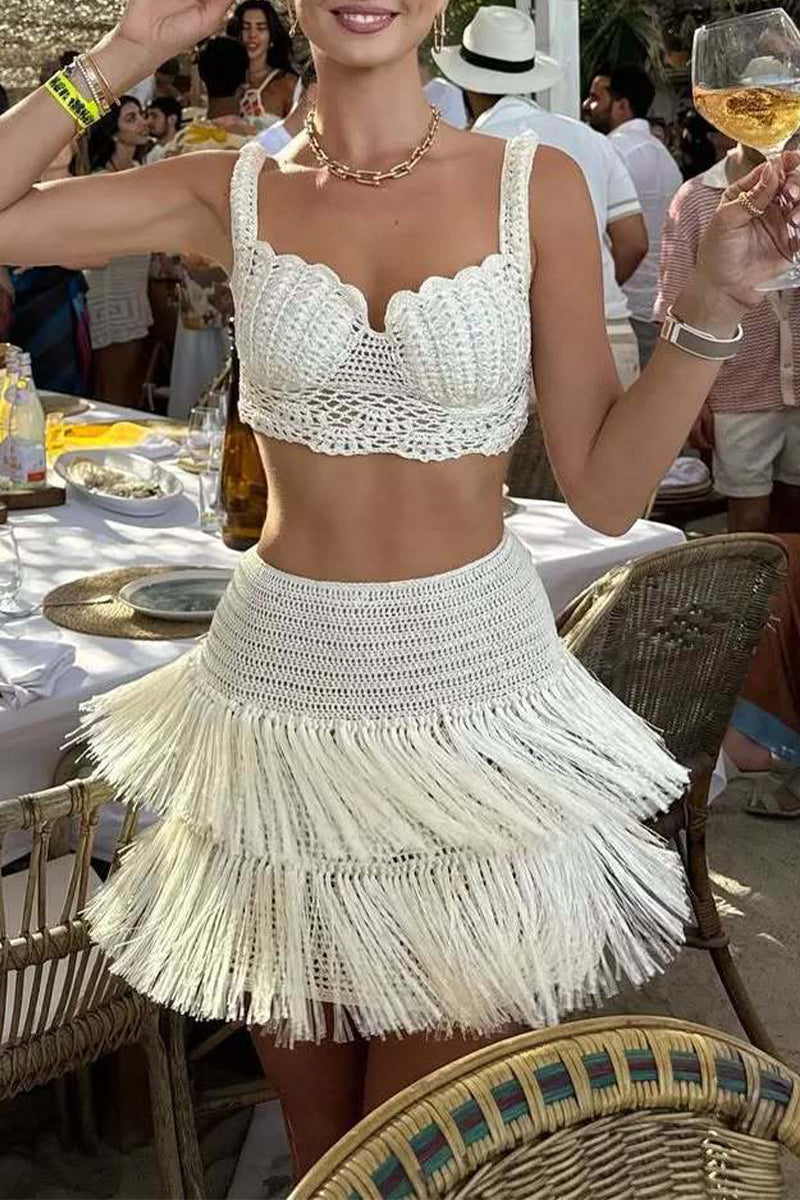 Sexy Fringed Trim Weave V Neck Sleeveless Two Pieces