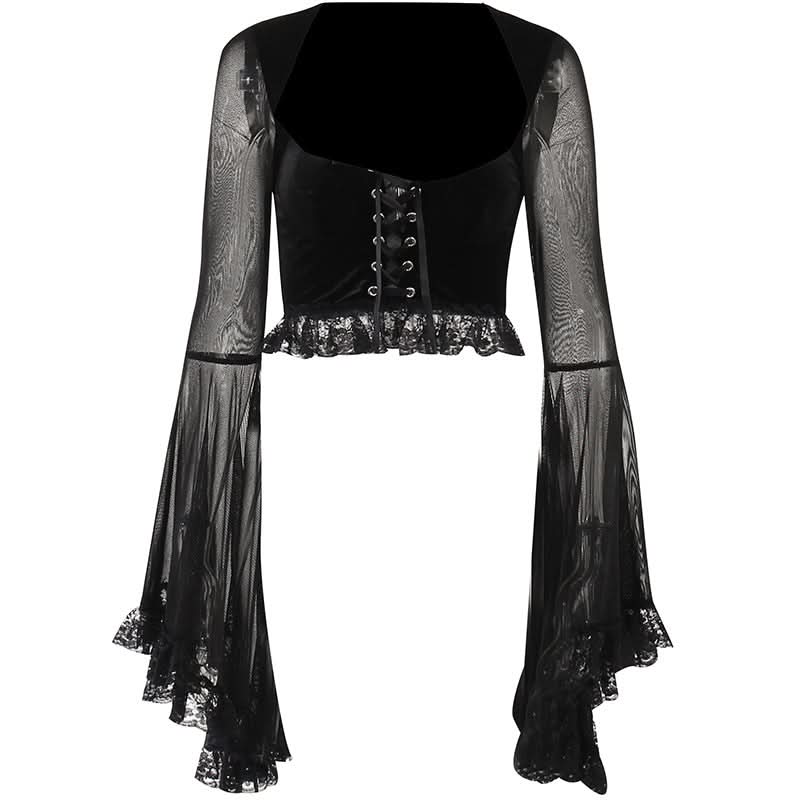 Long flared sleeve lace up ruffle top