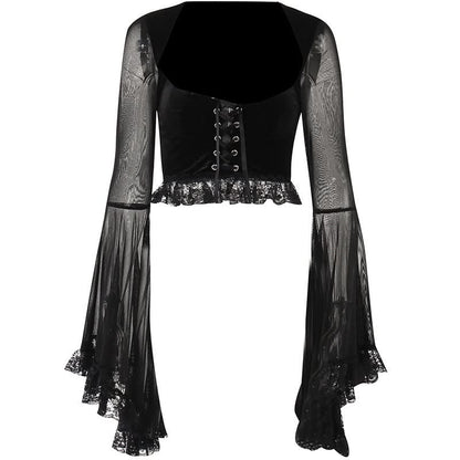 Long flared sleeve lace up ruffle top