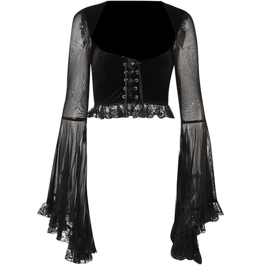 Long flared sleeve lace up ruffle top