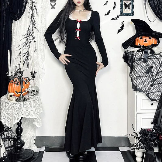 Long sleeve bowknot hollow out lace hem cut out maxi dress