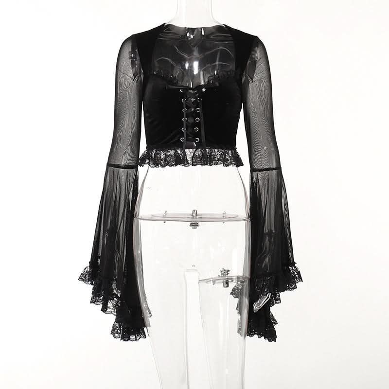 Long flared sleeve lace up ruffle top