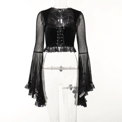 Long flared sleeve lace up ruffle top