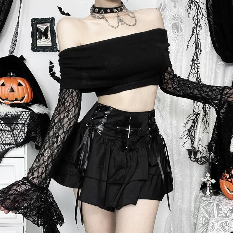 Off shoulder long flared sleeve lace top