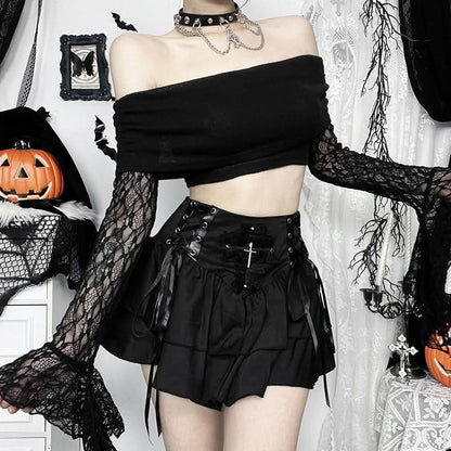 Off shoulder long flared sleeve lace top