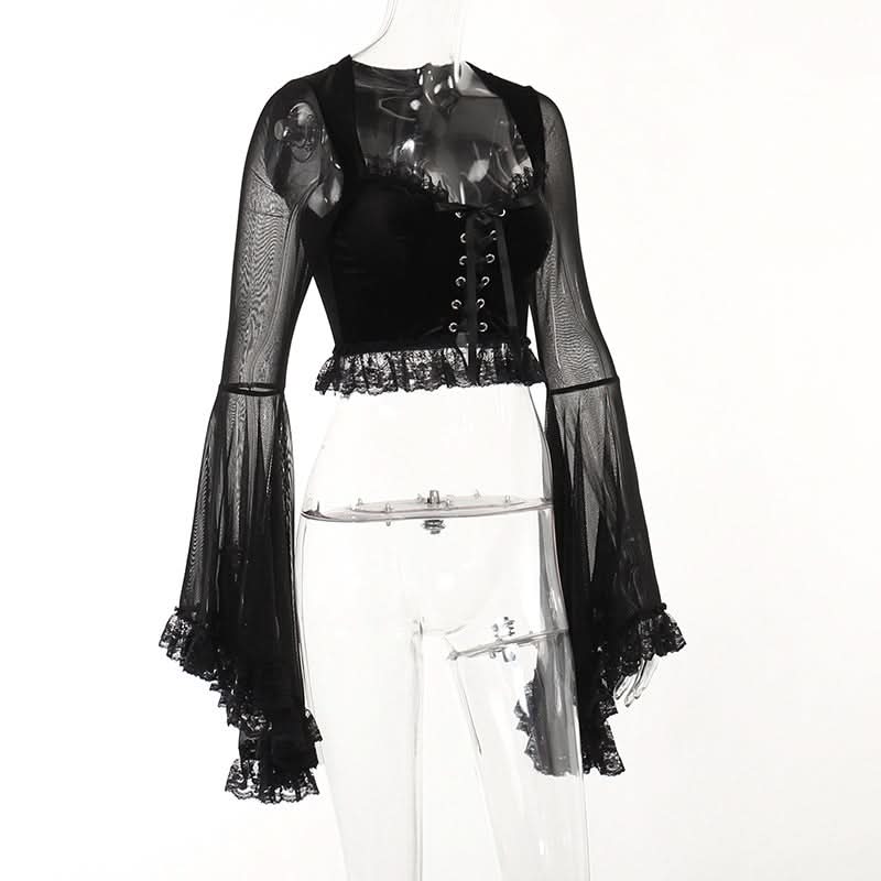 Long flared sleeve lace up ruffle top