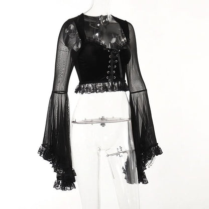 Long flared sleeve lace up ruffle top