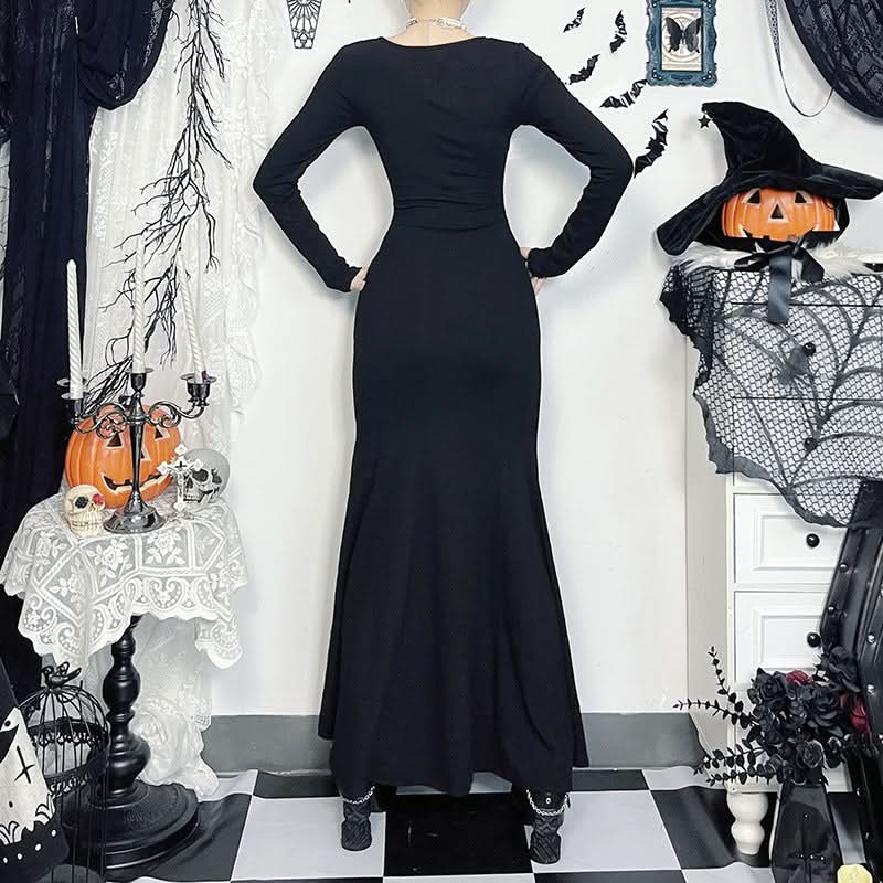 Long sleeve bowknot hollow out lace hem cut out maxi dress