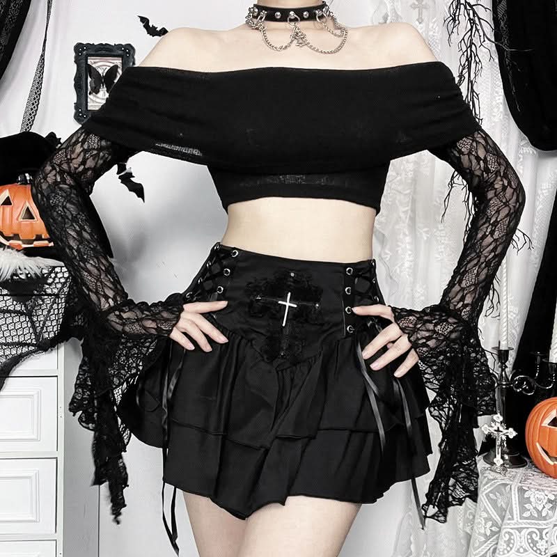 Off shoulder long flared sleeve lace top