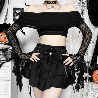 Off shoulder long flared sleeve lace top
