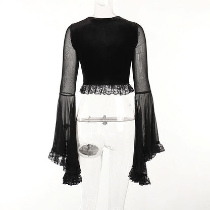 Long flared sleeve lace up ruffle top