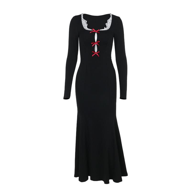 Long sleeve bowknot hollow out lace hem cut out maxi dress