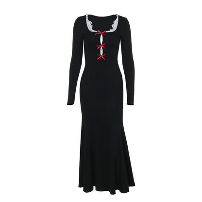 Long sleeve bowknot hollow out lace hem cut out maxi dress