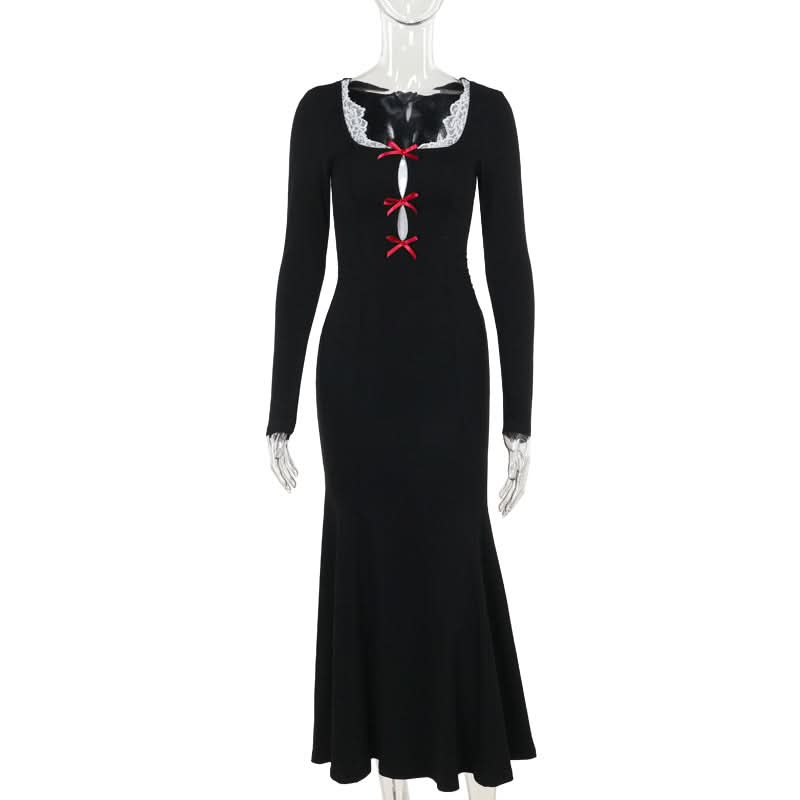 Long sleeve bowknot hollow out lace hem cut out maxi dress