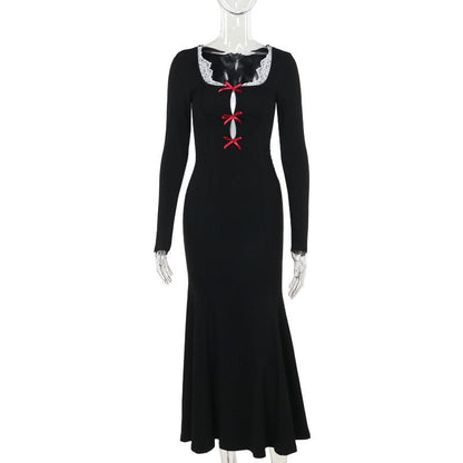 Long sleeve bowknot hollow out lace hem cut out maxi dress