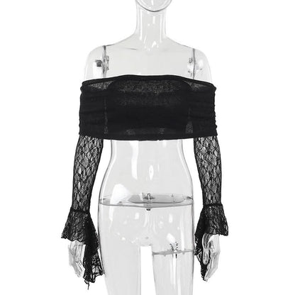 Off shoulder long flared sleeve lace top