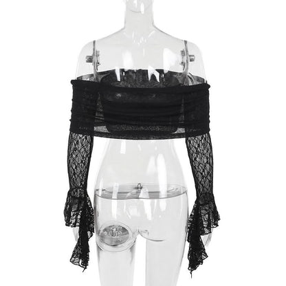 Off shoulder long flared sleeve lace top
