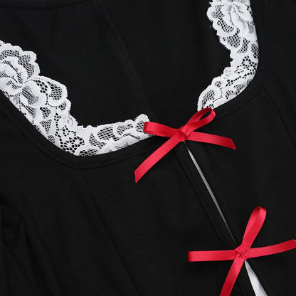 Long sleeve bowknot hollow out lace hem cut out maxi dress