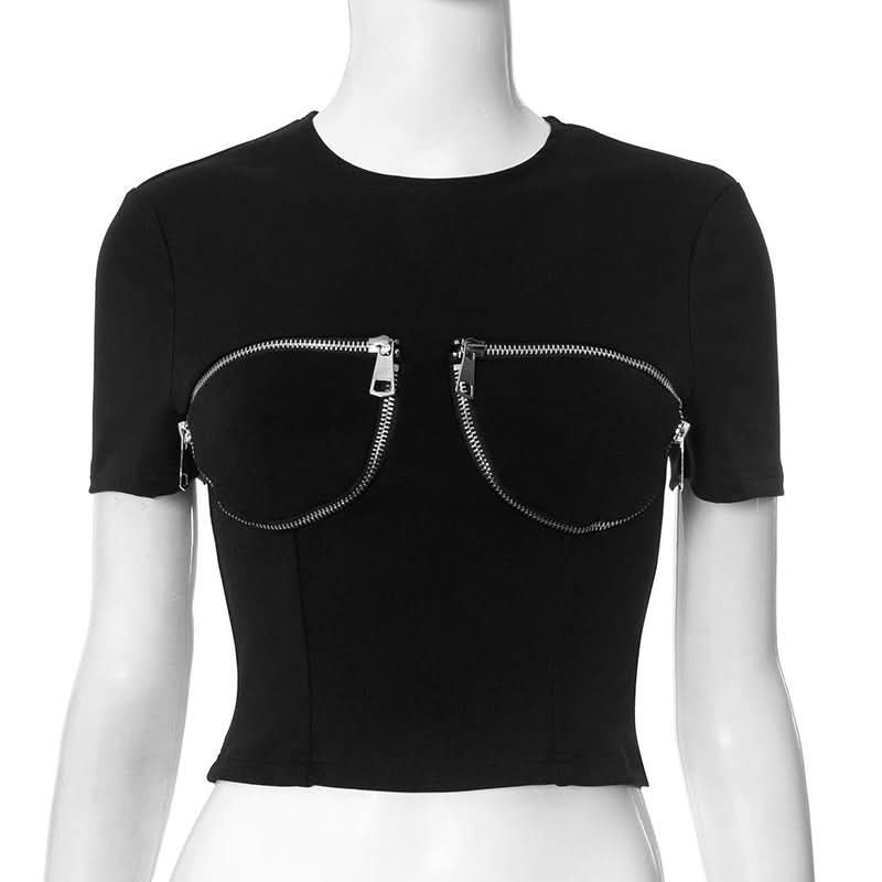 Short sleeve crewneck zip-up top