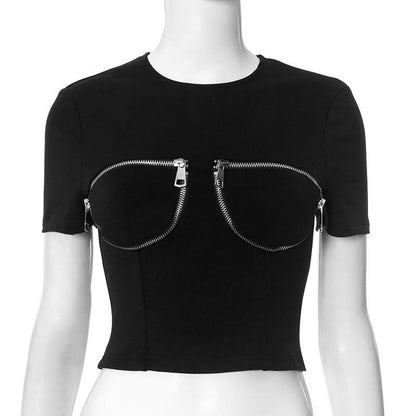 Short sleeve crewneck zip-up top