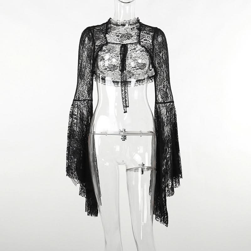 Long flared sleeve lace self tie shrug top