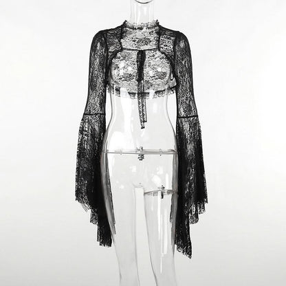 Long flared sleeve lace self tie shrug top