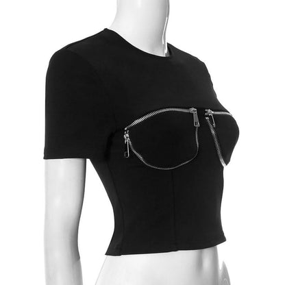 Short sleeve crewneck zip-up top
