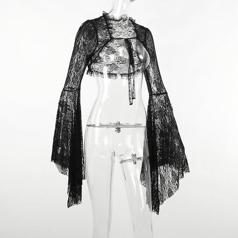 Long flared sleeve lace self tie shrug top