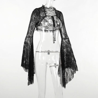 Long flared sleeve lace self tie shrug top