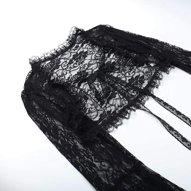 Long flared sleeve lace self tie shrug top