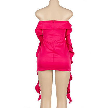Off shoulder ruffle slit mini dress