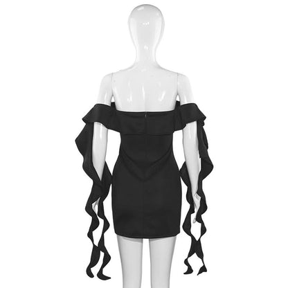 Off shoulder ruffle slit mini dress