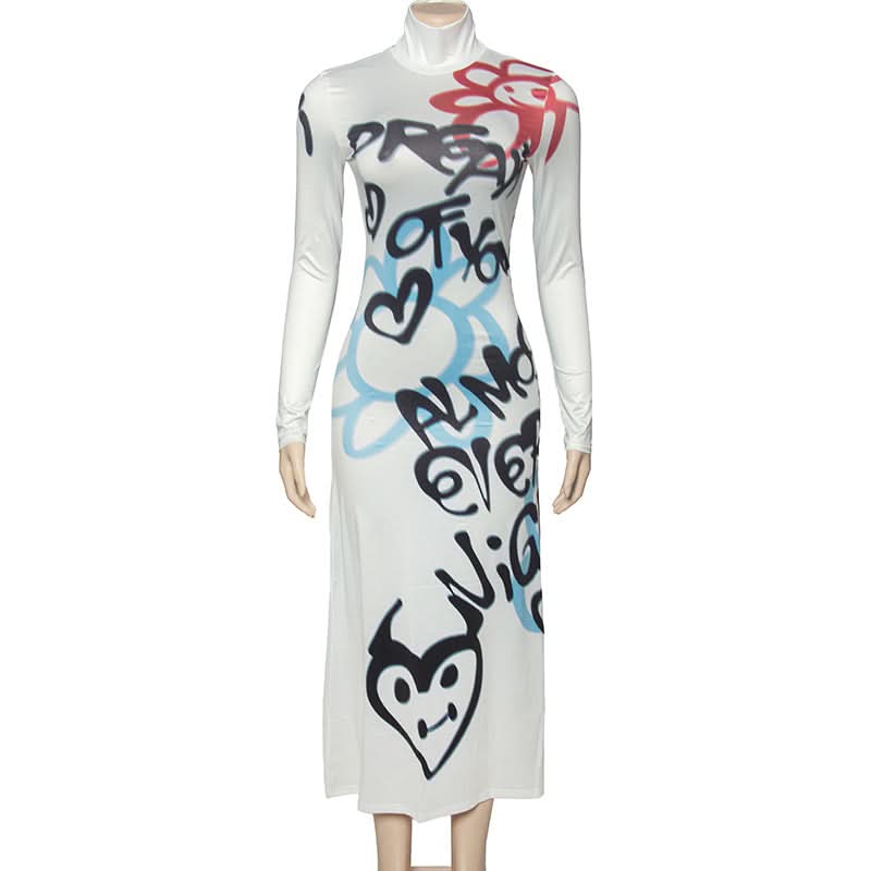 Long sleeve high neck graffiti print maxi dress