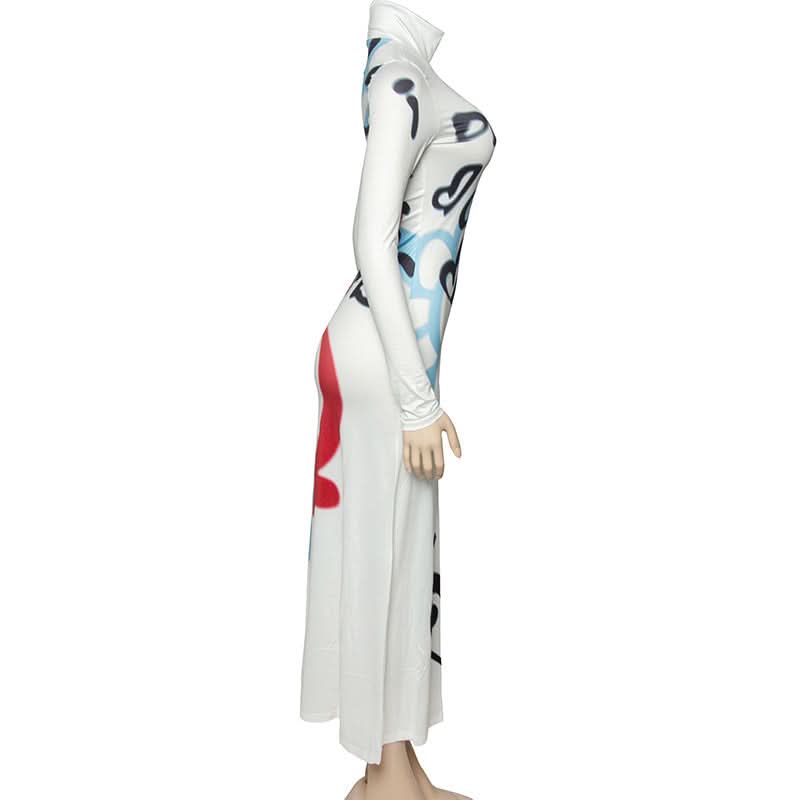 Long sleeve high neck graffiti print maxi dress