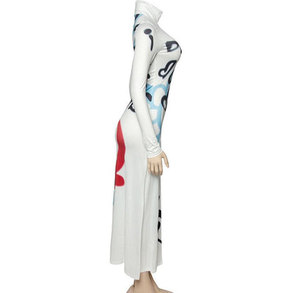 Long sleeve high neck graffiti print maxi dress