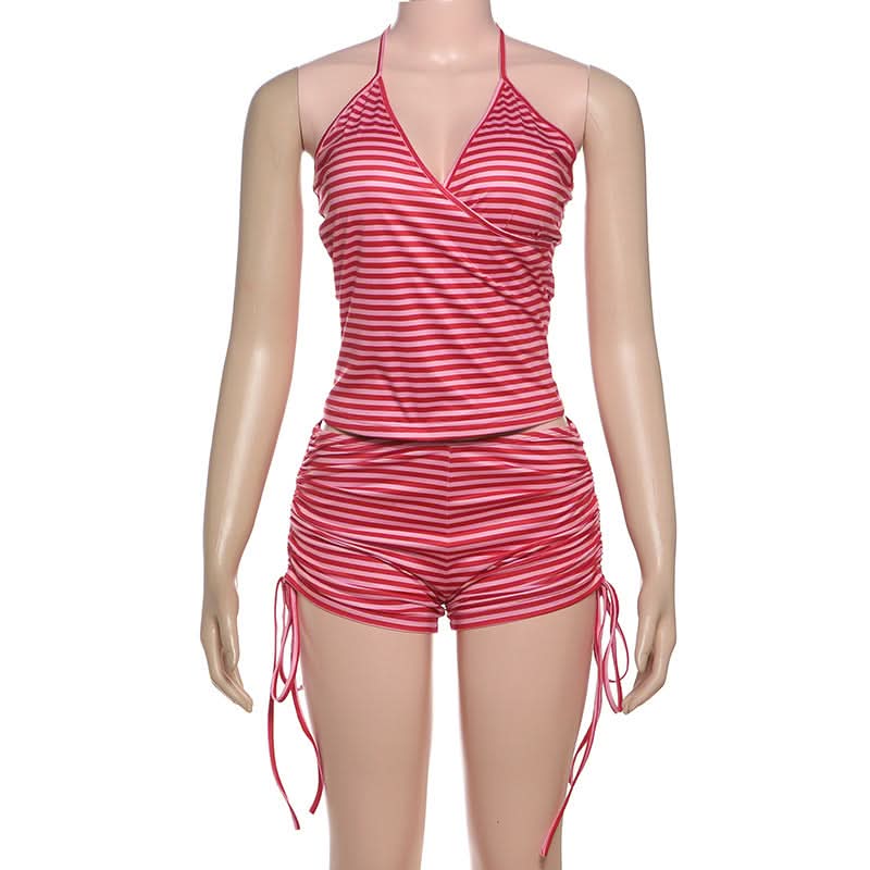 Halter v neck striped print drawstring short pant set