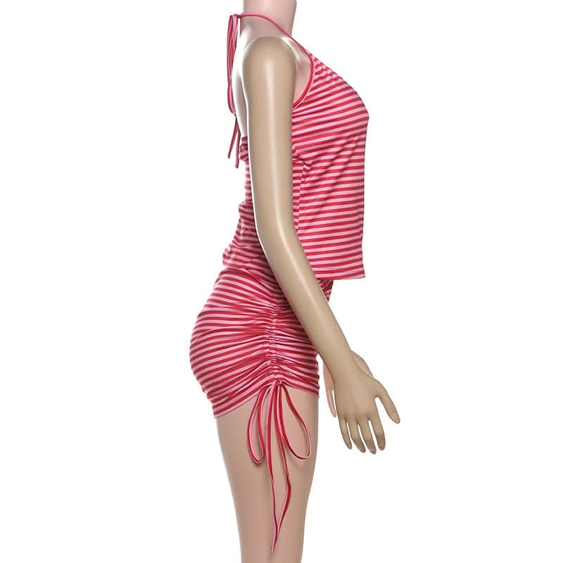 Halter v neck striped print drawstring short pant set