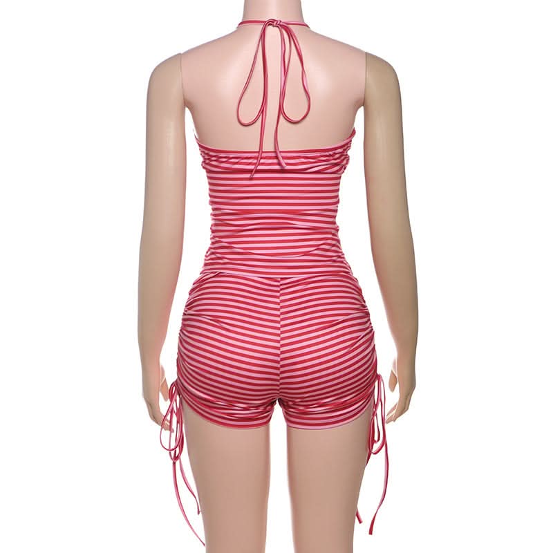 Halter v neck striped print drawstring short pant set