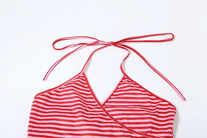 Halter v neck striped print drawstring short pant set