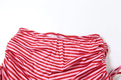 Halter v neck striped print drawstring short pant set