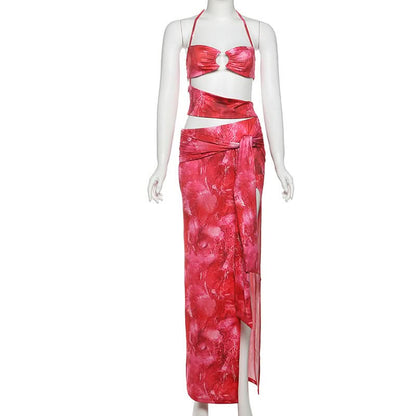 Halter self tie o ring print slit maxi dress