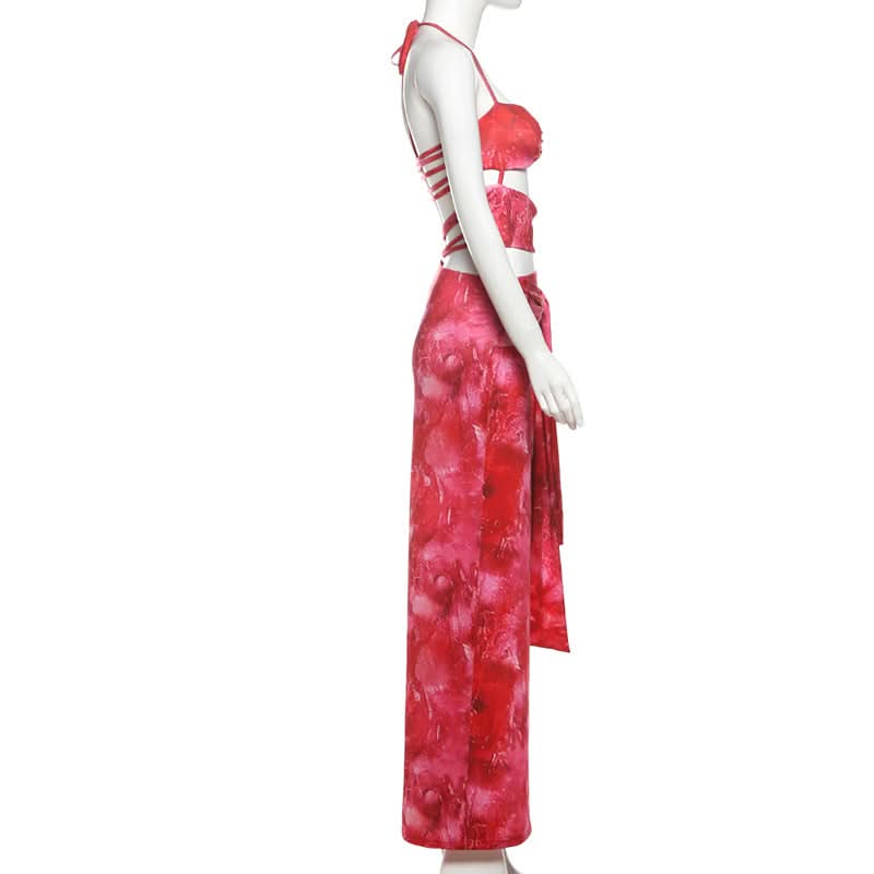 Halter self tie o ring print slit maxi dress