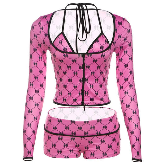 Long sleeve halter print 3 piece short pant set